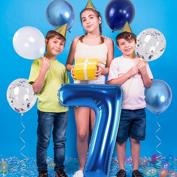 7 Balloon Number Dark Blue, Big Number 7 Mylar Balloon Pastel Navy Blue with Metallic Silver Confetti Balloon for Boys 7th Birthday, Foil 40'' Self Inflating Balloon 7 for Anniversary Party Decoration