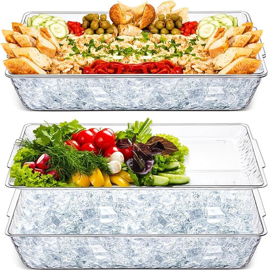 Baderke 2 Set 16" x 9" Plastic Chilled Serving Tray for Parties with Compartments Ice Chilled Party Platter Charcuterie Serving Board Cold Dish Dip for Fruit Seafood Vegetable Appetizer (Clear)