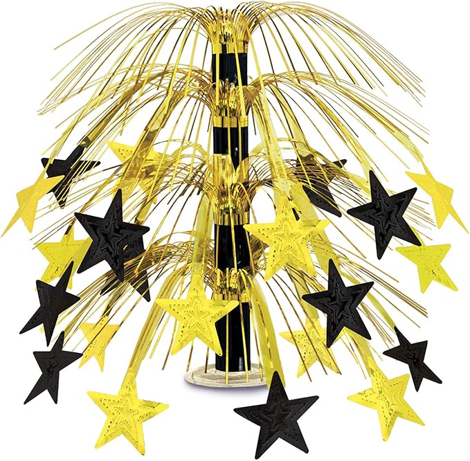 Beistle Star Cascade Centerpiece – Metallic Gold and Black Fringe Table Decoration with Hanging Cord, Clear Base, New Year’s Eve Décor, Graduation Celebration, Awards Night VIP Party Accent, 18"