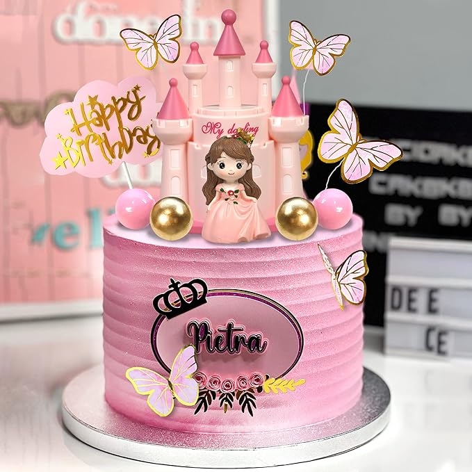 19 PCS Princess Cake Topper Castle Cake Decoration with Butterflies and Balls for Princess Birthday Supplies (Pink)