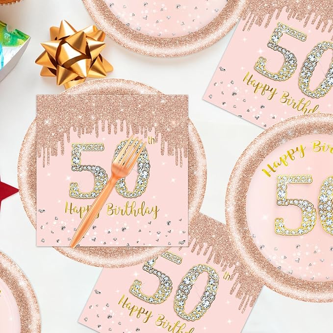 60 PCS 50th Birthday Decorations for Women, 50th Birthday Plates and Napkins Rose Gold Disposable Tableware Set Party Supplies for Women Cheers to 50 Years Anniversary (50TH)