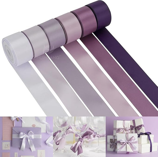 HUIHUANG Lilac Satin Ribbon - 1 inch Double Face Silk Assortment for Wedding, Bridal Shower Decor, Crafts, Hair Bows - 5 Rolls, Total 50 Yards