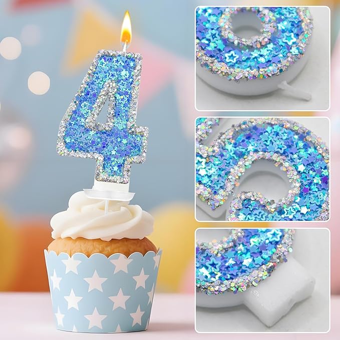 Blue Star Number 4 Candle for Cake Decoration, Glitter Star Cake Topper, Shaker Style Number Candle for Anniversary Celebration Party Supplies