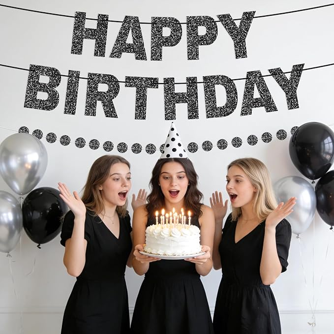 Happy Birthday Banner Pre-Strung Birthday Party Decorations NO DIY Glitter Happy Birthday Sign Circle Dots Garland Birthday Hanging Decorations for Women Men Birthday Party Supplies (Black)