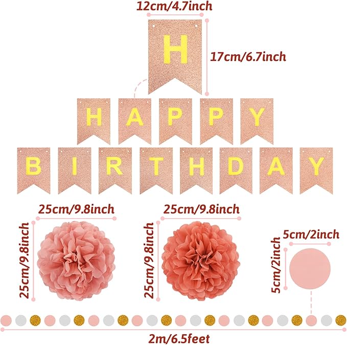 Birthday Decoration, Happy Birthday Banner, Tissue Paper Pom Poms, Hanging Paper Fan Set and Balloons for All Birthday Party Decorations, Rose Gold