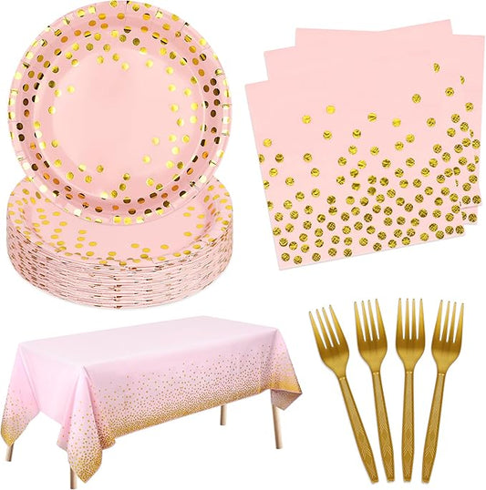 Pink and Gold Paper Plates and Napkins Tablecloth Party Supplies,Serves 25 Guests Pink Gold Plates and Napkins Tablecloth,Disposable Tableware Set for Birthday Wedding Bridal Shower Decorations
