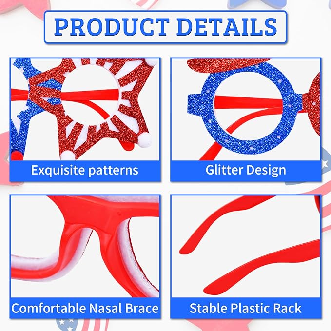 6 Pcs 4th of July Glasses Party Decor, Glitter Party Sunglasses Frames Novelty Costume Eyeglasses Photo Props for Adults, Independence Day Decorations Fun Holiday Party Favors, Memorial Day