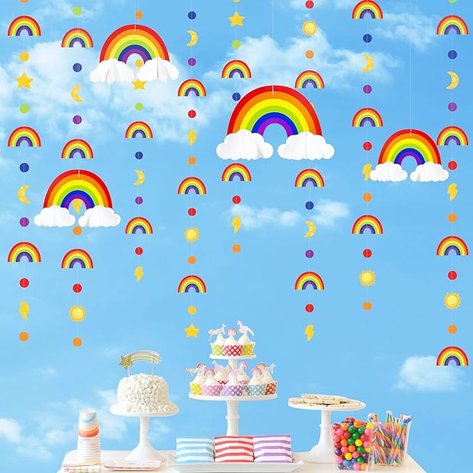 Rainbow Party Decorations 3D Cloud Rainbow Cutout Circle Dots Star Moon Lightning Hanging Colorful Garland Streamer for Birthday Baby Shower Wedding Carnival Party Supplies Classroom Nursery Decor