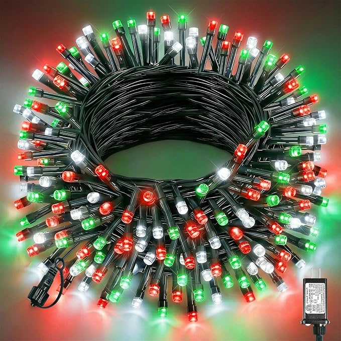 Red White and Green Christmas Lights Outdoor, 80FT 240 LED Christmas Tree Lights Waterproof Plug in, 8 Modes Connectable Christmas Decorations Green Wire for Indoor Home House Patio Holiday