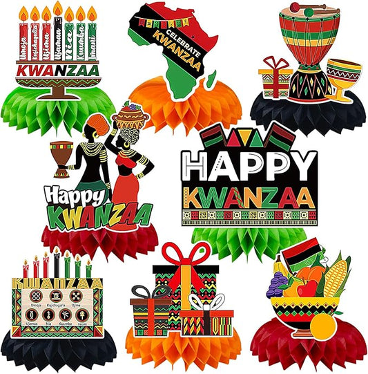 JULMELON 8PCS Kwanzaa Table Decorations Honeycomb Centerpiece, Kwanzaa Decor Traditional African Drum Candlestick Table Toppers Decorations for Office Home Party Favors Supplies