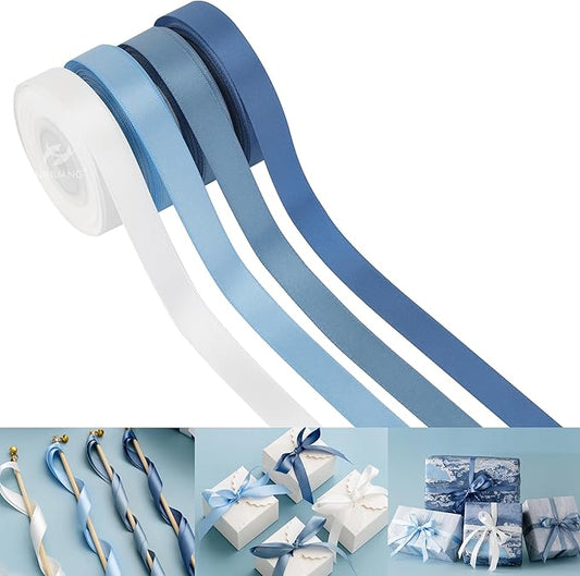 HUIHUANG Dusty Blue Satin Ribbon 1/2 inch x 4 Rolls Light Blue/Smoke Blue/White/Dusty Blue Ribbon for Gift Wrapping DIY Crafts Hair Decor Flower Bouquets Wedding Decor- Total 40 Yards