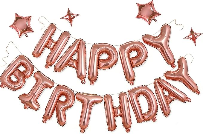 Rose Gold Happy Birthday Banner Balloon Aluminum Foil 16 Inch Letter,10 Inch Five Pointed Star Four Pointed Star Suitable for Kids, Men, Women, Boys and Girls Party Decoration Supplies