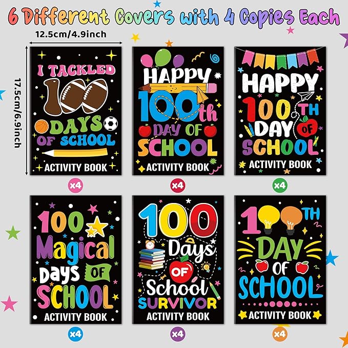 Black 100th Day of School Activity Books for Kids - 24Pcs Happy 100 Days Black Mini Games Coloring Book Set Bulk Mazes Word Search Word Scramble Games for School Classroom Reward DIY Gift Party Favors