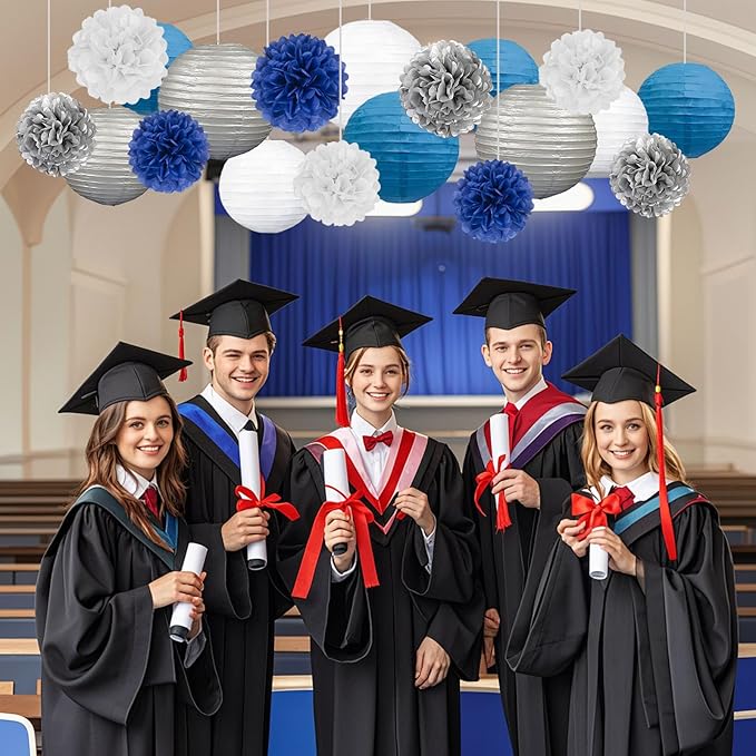 18 PCS Blue White Silver Paper Lanterns & Tissue Paper Pom Poms for Men's Birthday, Graduation 2026, Wedding, Hanging Paper Decor for Indoor Outdoor Events Theme Party Supplies