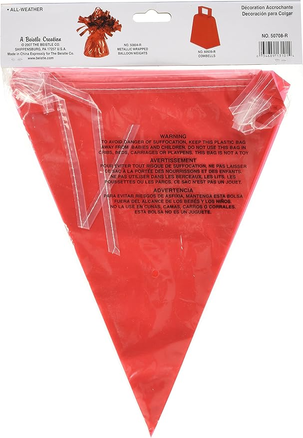 Beistle Red Plastic All Weather Pennant Banner Graduation Party Supplies, Hanging Decorations, 11" x 12' (Pack of 2)