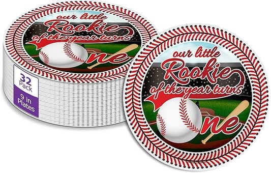 Rookie Year First Birthday - 32 Piece Disposable Party Supplies - Decorations for Baseball Boy's 1st Birthday Round Party Plates - Large 9" Paper Plates In Bulk