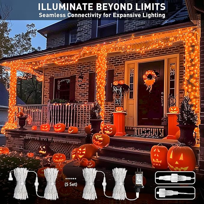 JMEXSUSS 150 LED Orange Halloween Lights Indoor Outdoor, Connectable Christmas String Lights Indoor Plug in, 8 Modes Orange Lights for Halloween Fireplace Tree Bedroom Party Decor