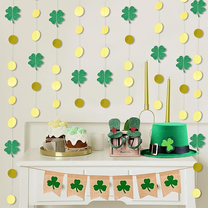 40Ft Glitter Shamrock Clover Garland St. Patrick's Day Decor Clover Glitter St Paddys Banner Hanging Streamers for Irish Lucky Spring Party Home Office Decor Supplies