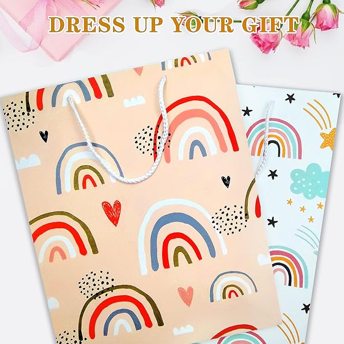 Gift Bag for Girls, Birthday Large Gift Bag Bulk Set Included 2 Pack Paper Gift Bags with Tissue Paper, Rainbow Gift Bags for Kids, Baby, The Colorful Pink Red Gift Bags with Handles, The Pretty Present Bag Gift Bags for Birthday, Party, Baby Shower (1...