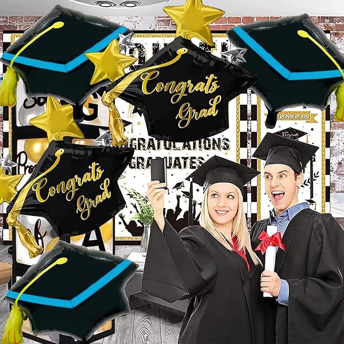 Pensar 6Pcs Graduation Cap Balloons Congrats Grad Hat Foil Balloons for Graduation Decorations, Class of 2026 Party Decor, College High School Grad Party Supplies