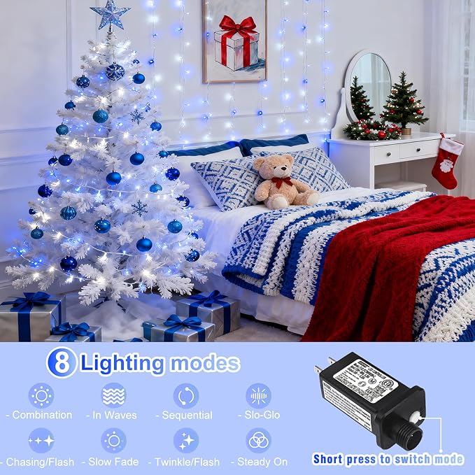 66FT 200 LED Outdoor String Lights, Plug in Christmas Lights Indoor Waterproof with 8 Modes, Connectable Clear Wire Twinkle Fairy Lights for House Patio Xmas Party Decorations, Blue and White