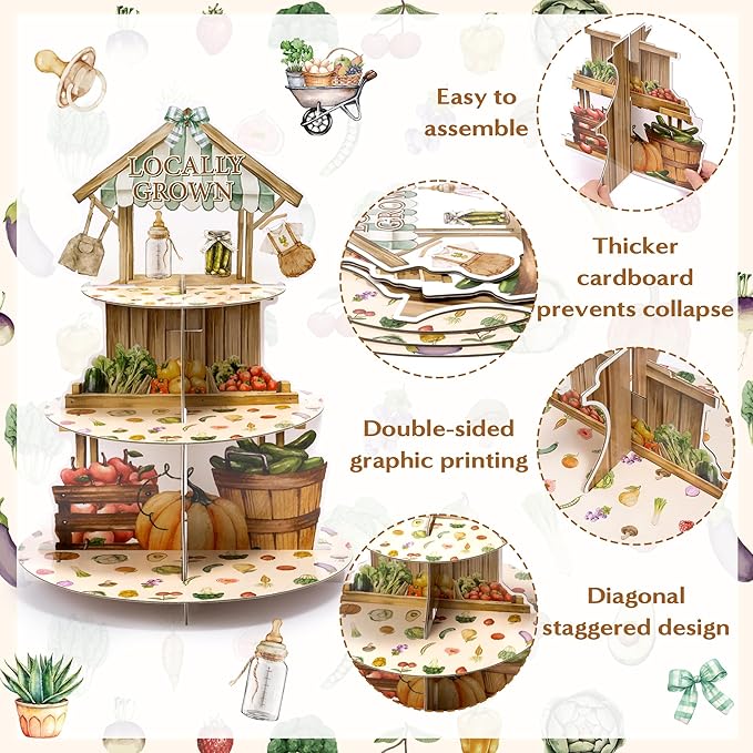 Locally Grown Baby Shower Cupcake Stand - 3 Tier Farmers Market Theme Cupcake Holder Vegetable Fruit Garden Baby Shower Dessert Cake Tower Displays for Kids Birthday Gender Reveal Party Decor