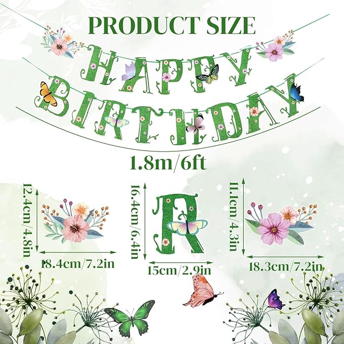 SUNBEAUTY Wildflower Happy Birthday Banner Green Spring Butterfly Flowers Party Banner Floral Birthday Decoration Spring Butterfly Birthday for Women Girl Baby Shower Garden Tea Fairy Party Supplies | Pre-Strung