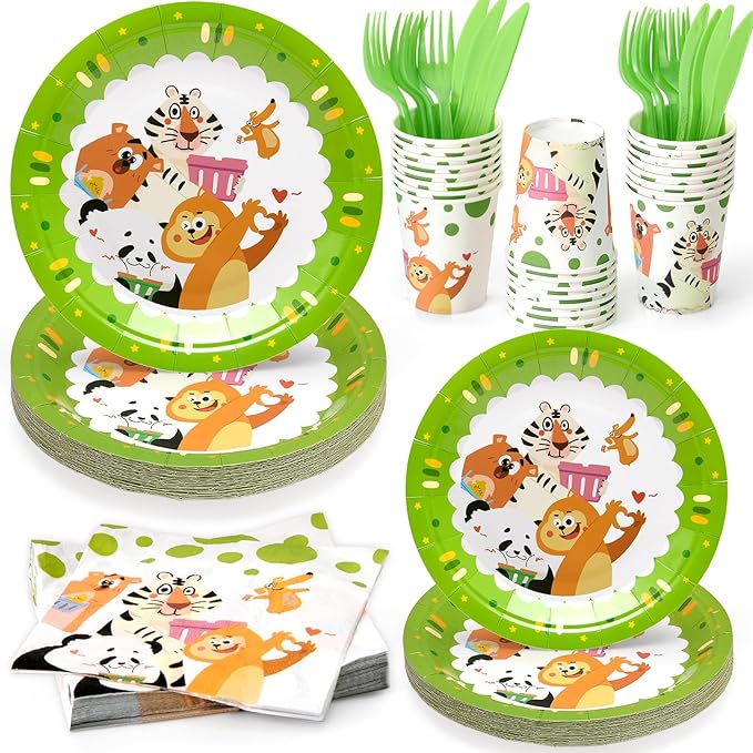 144Pcs Panda Animals Birthday Party Supplies Decorations Animal Themed Paper Plates Napkins Vintage Party Tableware Disposable Dinnerware for Girl Boy Kid Birthday Baby Shower Table Decor, Serve 24