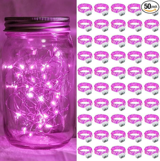 50 Pack Pink Fairy Lights 7Ft 20 LED Twinkle String Lights 3 Modes Battery Operated Waterproof Firefly Starry for Mason Jar Party Wedding Christmas Valentines Day Table Centerpieces