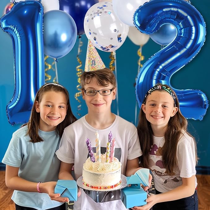 Navy Blue 12th Birthday Giant Self Inflating Number 12 Balloon, Metallic Dark Blue Silver Confetti Foil 40 Inch Helium Balloon for Boys Birthday Party Women Anniversary Decor
