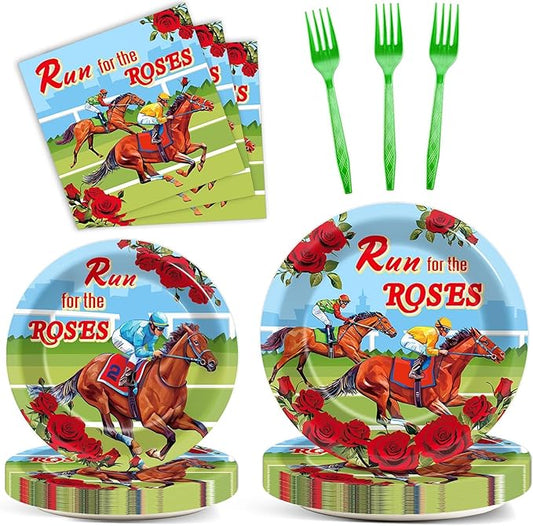 Qyeahkj 100 Pcs Kentucky Party Supplies Derby Day Tableware Set Run for The Roses Party Plates Napkins Forks Disposable Horse Racing Decorations for Equestrian Enthusiasts Race Day Serves 25