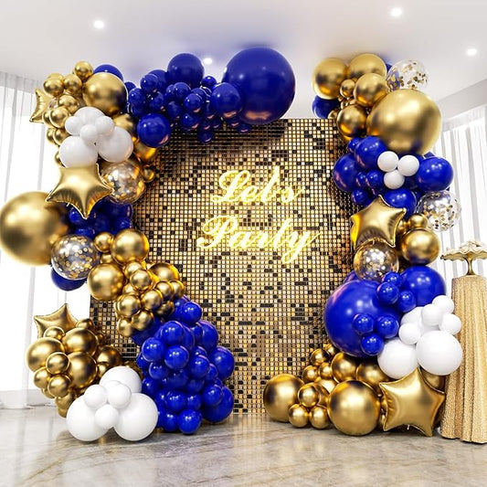 187PCS Royal Blue and Gold Balloons Arch Garland Kit, 5 10 12 18inch Royal Blue and Gold White Balloons with Gold Foil Balloons for Baby Shower Anniversary Wedding New Year Birthday Party Decorations