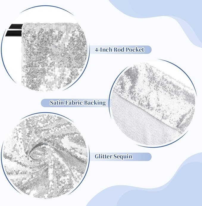 SquarePie 4x7ft Silver Sequin Backdrop for Photography, Satin-Backed Real Sequin Curtain, Enhanced Coverage Shimmering Background with 4" Rod Pocket for Wedding, Birthday, Party Decor, 1 Panel