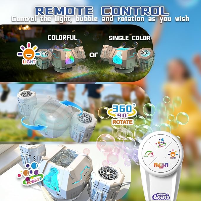 Rechargeable Dual-Nozzle Bubble Machine, 360° Auto Rotation Bubble Blower with Remote Control & RGB Lights, 30k Bubbles/Min, USB-C Bubble Maker for Kids Toddlers Parties Wedding Outdoor Birthday Gift