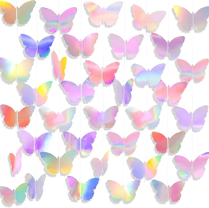 40Ft Iridescent Holographic Butterfly Garland Disco Hanging Streamer Decor for Galentines Valentines Day, Wedding, Bridal Bachelorette Baby Shower & Birthday Party