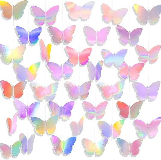 40Ft Iridescent Holographic Butterfly Garland Disco Hanging Streamer Decor for Galentines Valentines Day, Wedding, Bridal Bachelorette Baby Shower & Birthday Party