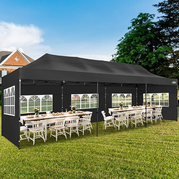 COBIZI 10x30 Heavy Duty Pop up Canopy with 8 sidewalls Party Tent for Parties Weddings Events UPF 50+ Waterproof Commercial Gazebo with Roller Bag, Black(Frame Thickened)
