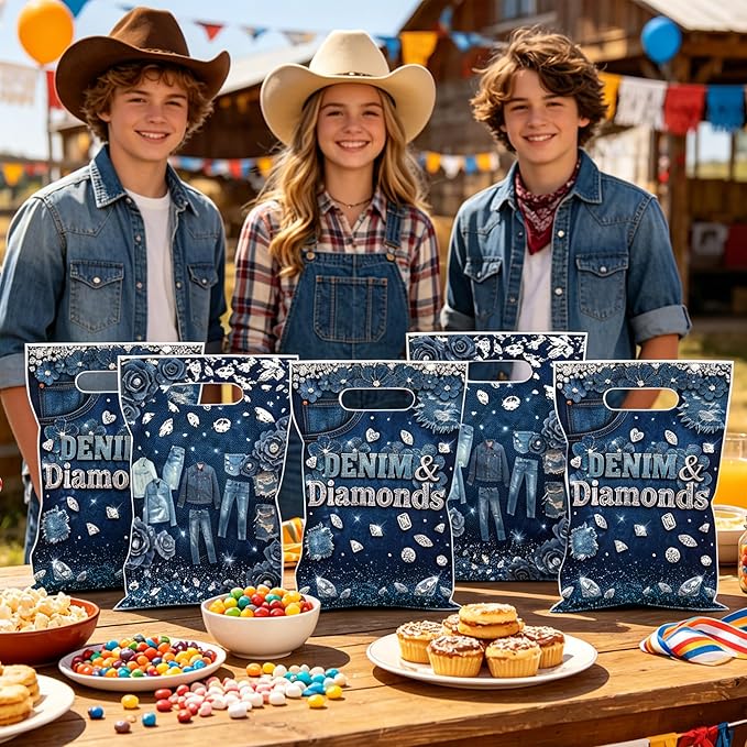 MOIZYNG 50Pcs Denim and Diamonds Gift Bags with Handles, Blue Jacket Jeans Plastic Candy Treat Goodie Bags for Bridal Shower Bachelorette Wedding Birthday Party Favors Supplies