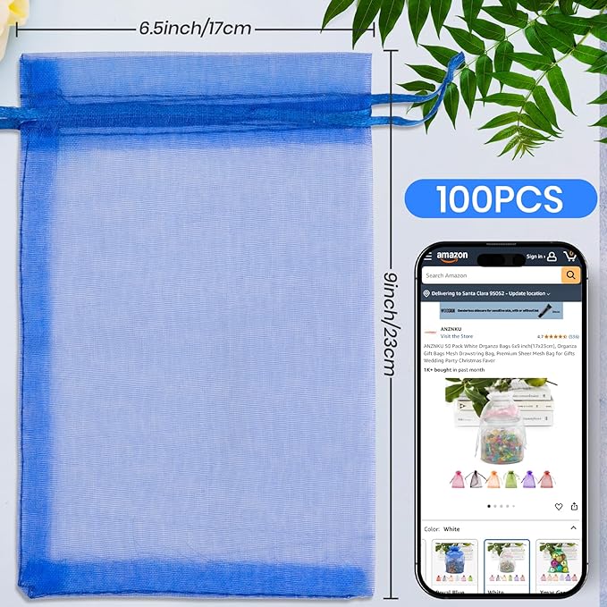 ANZNKU 100 Pack Organza Bags 6x9 Inch, Jewelry Pouches Mesh Bag Drawstring Large Organza Gift Bags for Easter Baby Shower, Party Favors(Royal Blue)