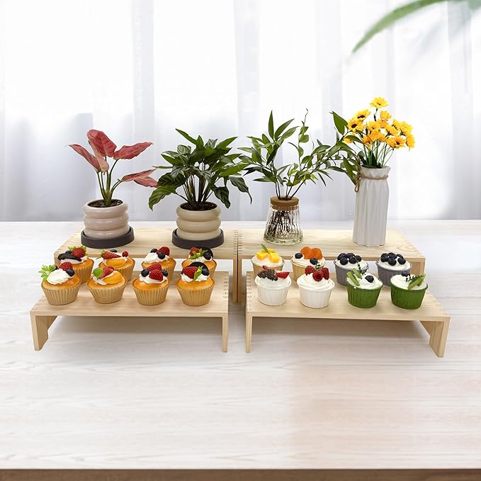 Yikaroeli 4Pcs Large Display Riser Wood Risers Cupcake Display Stand 2 Tier Racks Rectangular, 2 Set Perfume Decorative Display Dessert Stands for Vendors Event (Large/2Pack Nature)