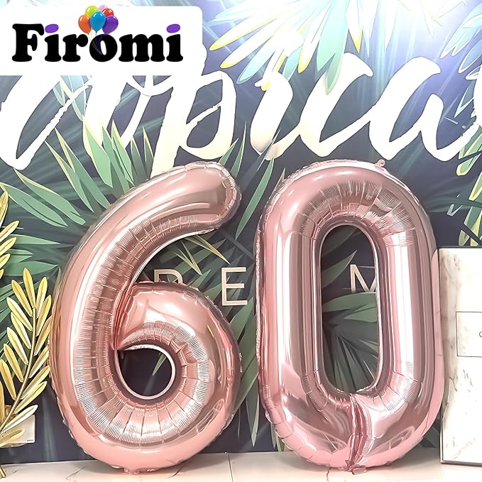 FIROMI 60 Foil Number Balloons Rose Gold 40-inch Big Giant Jumbo Mylar 60 Balloon Numbers for 60th Birthday Party Anniversary Decoration
