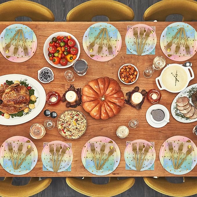 96PCS Happy Birthday Plates and Napkins Party Supplies, Colorful and Gold Disposable Paper Plates and Napkins with Forks Tableware Set for 24 Guests