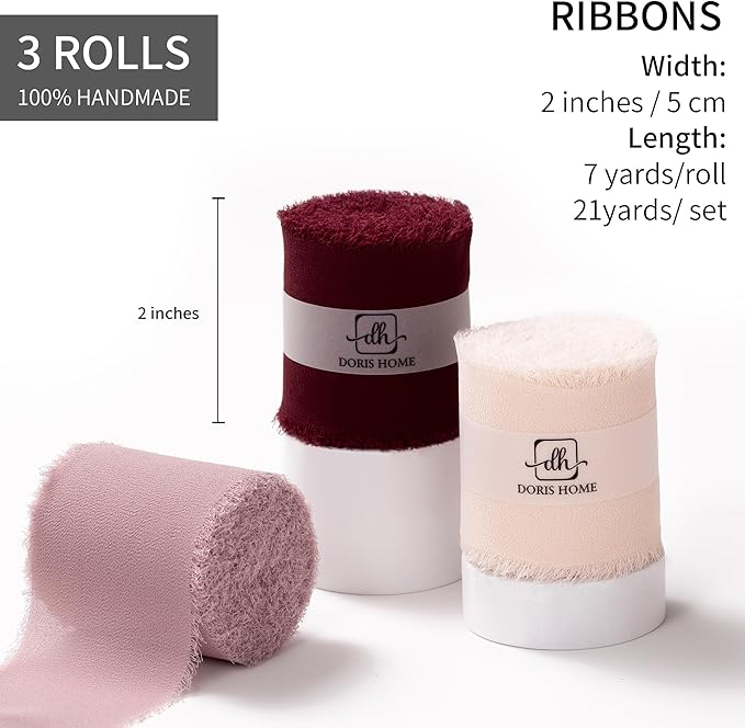 DORIS HOME 2" x21Yd Chiffon Ribbon for Flower Bouquet, Pink & Burgundy Fabric Ribbon for Gift Wrapping, Handmade Frayed Ribbon for Wedding, Chiffon Silk Ribbon for Christmas Decorations
