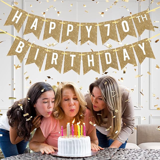 Netnology Pre-Strung Gold Happy 70th Birthday Banner Decorations,12 ft No DIY Gold Glitter 70th Birthday Party Banner Sign Decor for Women Men Girl Boy Party Supplies