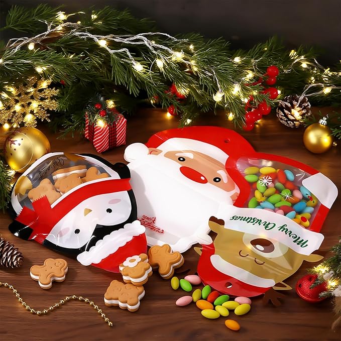 Resurhang 60 Pcs Christmas Treat Bags Candy Zipper Cute Reindeer Penguin Santa Claus Food Goodie Gifts Bags Resealable Christmas Snack Candy Containers with Handle for Xmas Party Supplies