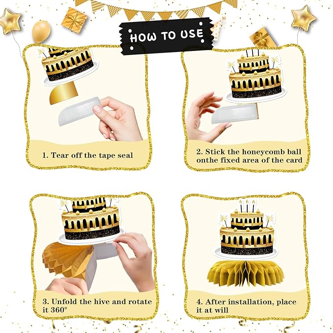 Happy Birthday Table Honeycomb Centerpieces Set, Anniversary Birthday Gifts Table Topper Centerpieces Adults Children Teenager Birthday Party Table Decorations Set of 8 (Gold)