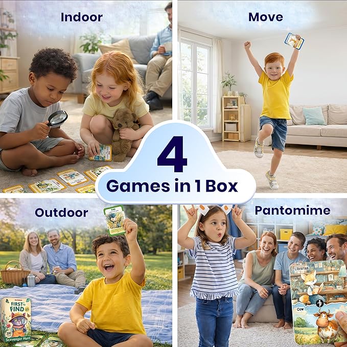 QUOKKA Kids Card Game Set Ages 4–8 – 4 Games in 1 Box with 450 Tasks, Scavenger Hunt, Charades, and Animal Movement Games for Indoor & Outdoor Family, Home & Classroom Play