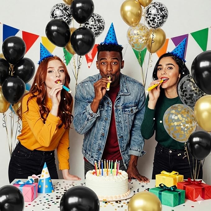 Hiquaty Black and Gold Balloons,60pcs Black Balloons,12 Inch Gold Balloons,Black and Gold Confetti Balloons with Gold Ribbon for New Year Wedding Bridal Shower Party Decorations