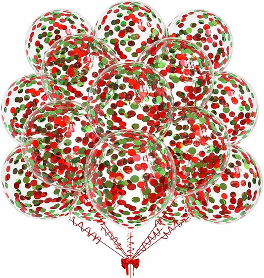 50pcs Red and Green Foil Confetti Balloons,12 inch Latex Balloon with Red Black Confetti Inside for Birthday Family Party Wedding Party Baby Shower Decoration Supplies