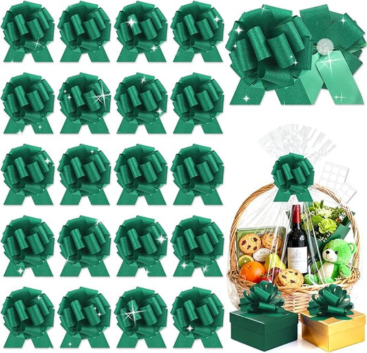 20 pcs Green Pull Bow for Gift Basket Wrapping Xmas Gift Bows Presents Adhesive Wrap Ribbon Bow for Christmas Tree Ornament Wine Bottles Bouquet Flower Valentine's Day Party Decor (Green-L)